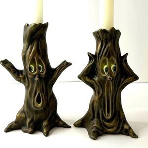 Haunted Face Ceramic Trees candlesticks Lot of 2 cutouts